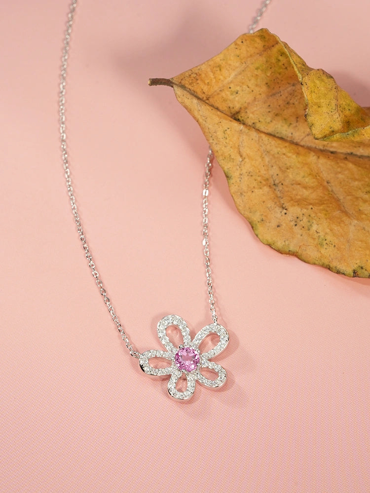 S925 Sterling Silver Padparadscha Sapphire Flower Necklace | Bespoke Moment