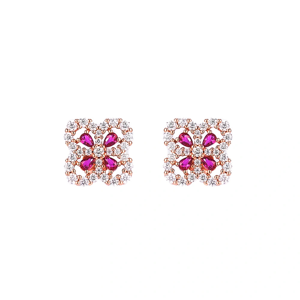 Lab-Grown Ruby Floral Stud Earrings – 925 Sterling Silver | Bespoke Moment Gifts Selection