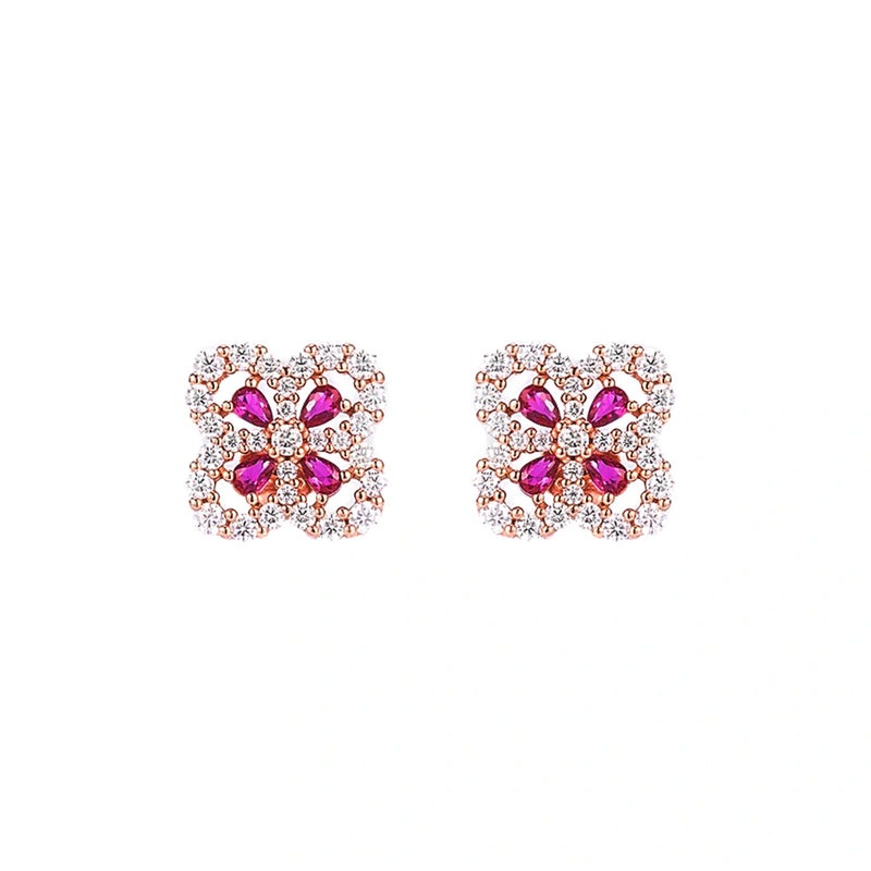 Lab-Grown Ruby Floral Stud Earrings – 925 Sterling Silver | Bespoke Moment Gifts Selection