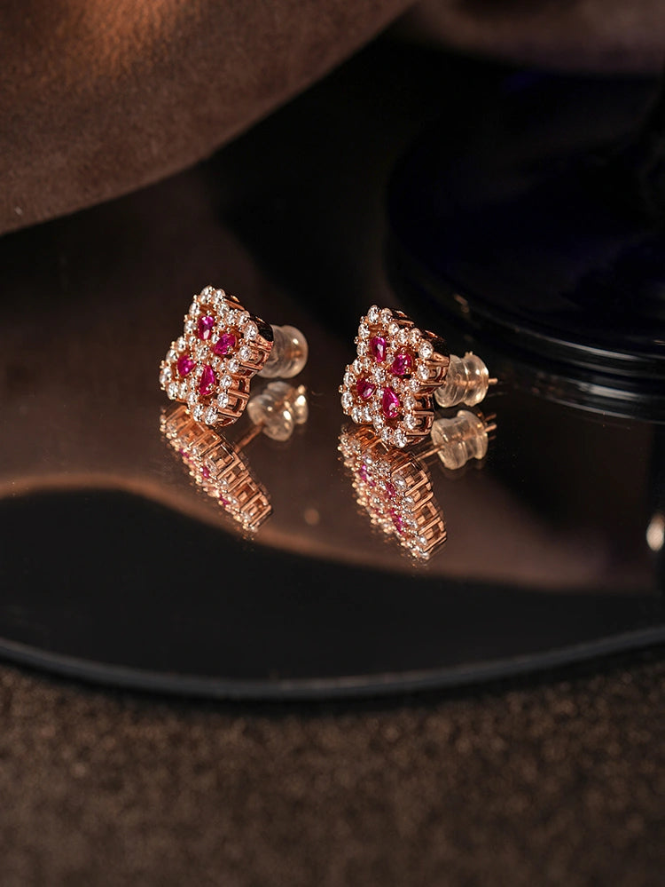 Lab-Grown Ruby Floral Stud Earrings – 925 Sterling Silver | Bespoke Moment Gifts Selection
