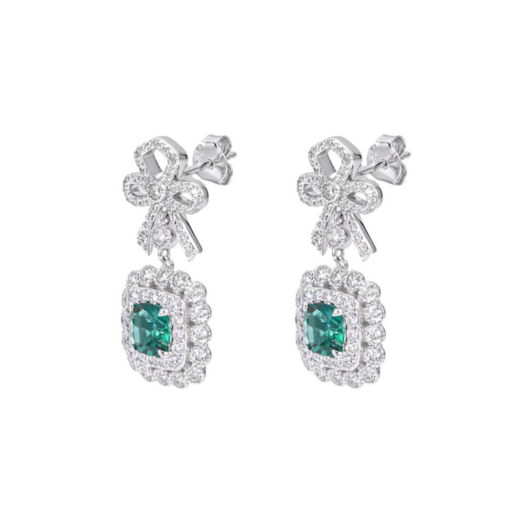 Emerald Bow Drop Earrings – S925 Sterling Silver| Bespoke Moment Gifts Selection