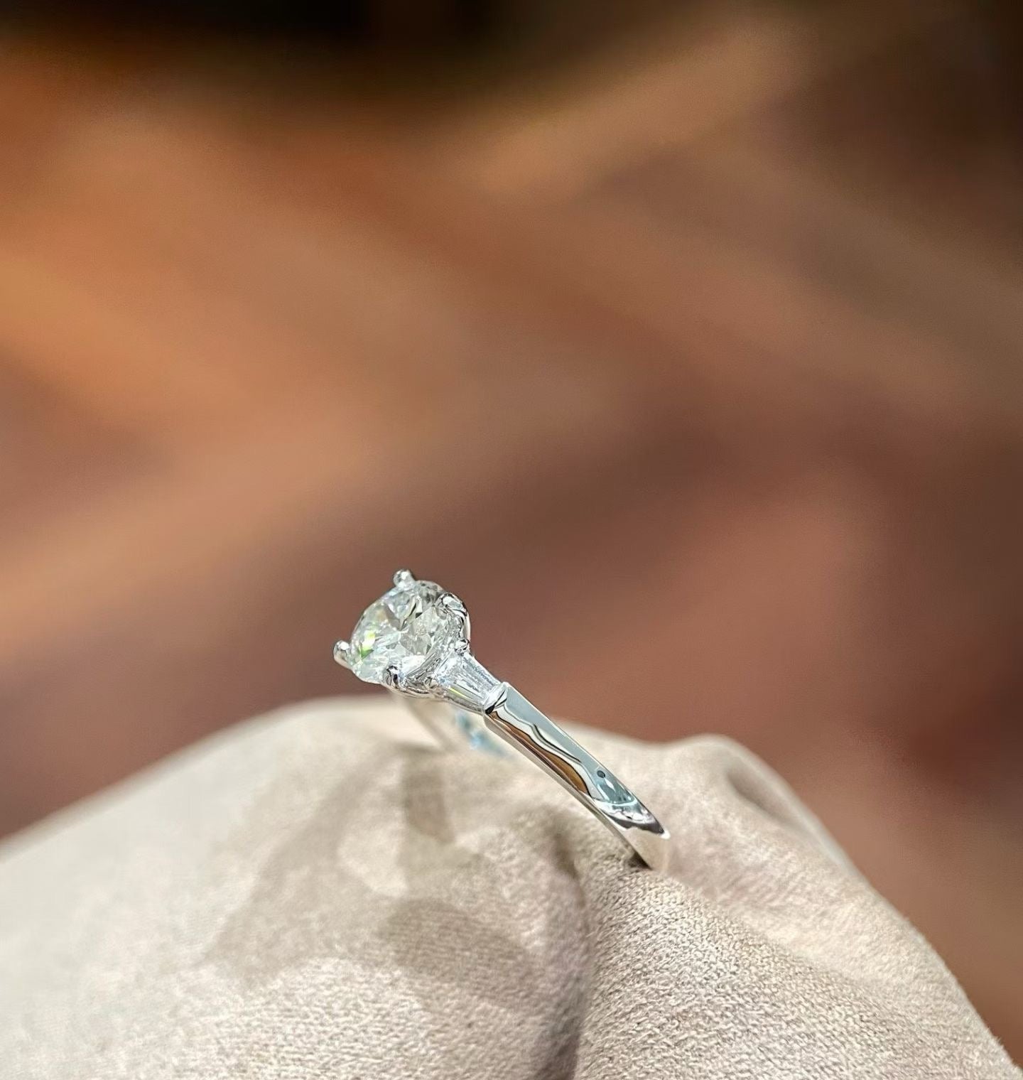 Custom 18K White Gold Round Diamond Three-Stone Ring | Bespoke Moment