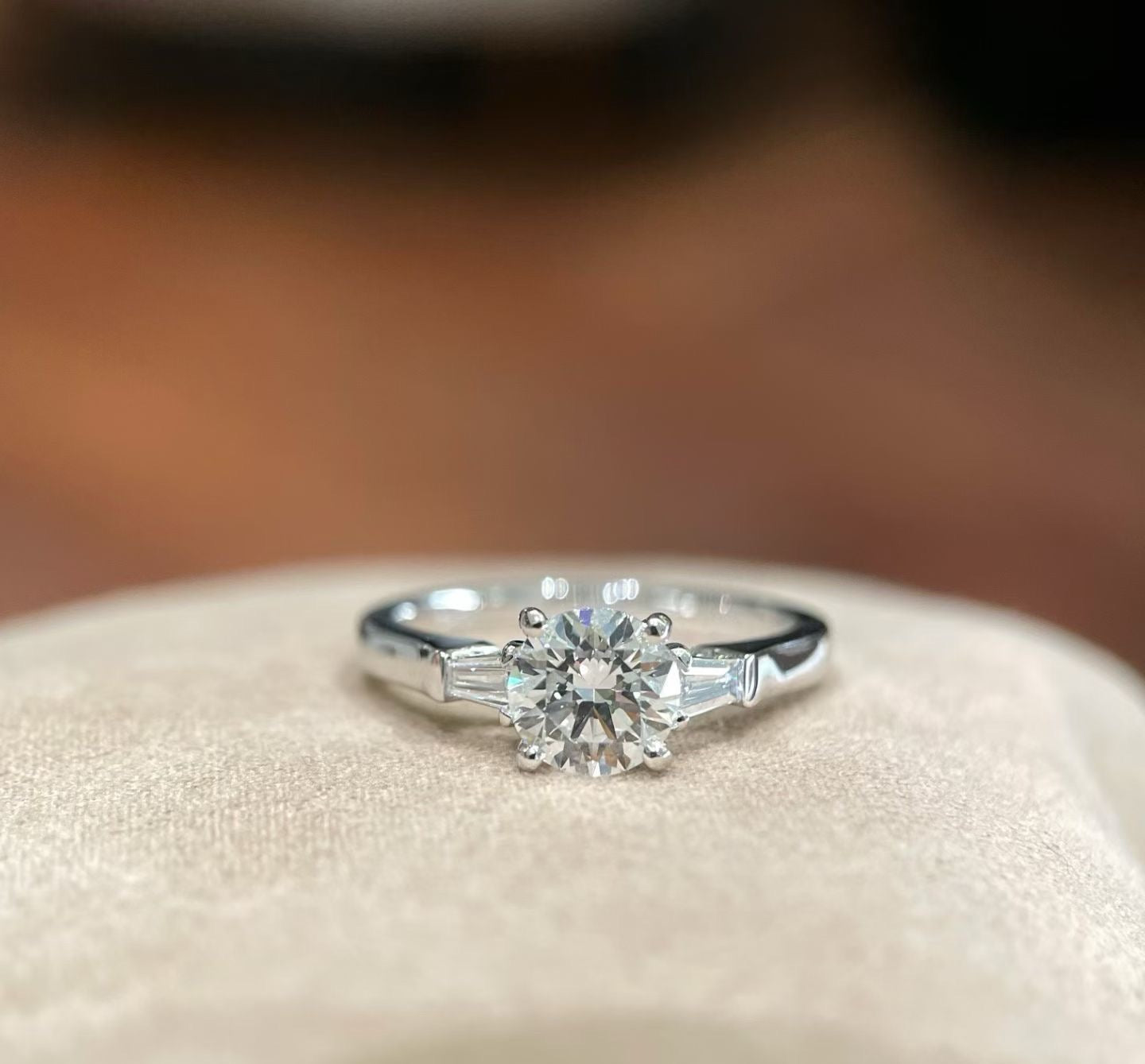 Custom 18K White Gold Round Diamond Three-Stone Ring | Bespoke Moment