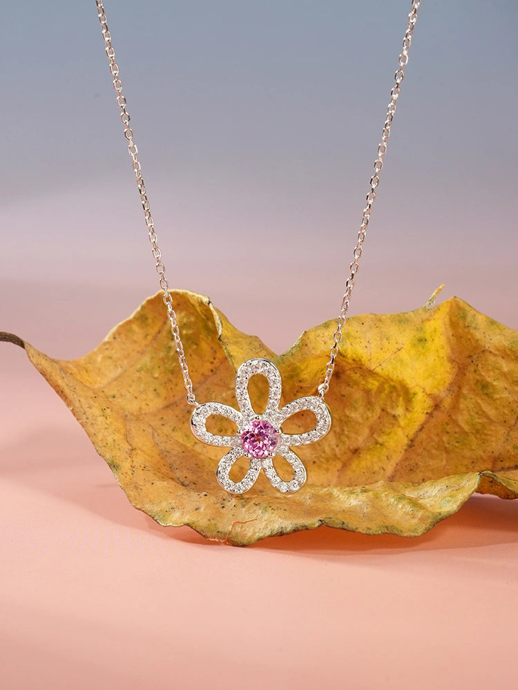 S925 Sterling Silver Padparadscha Sapphire Flower Necklace | Bespoke Moment